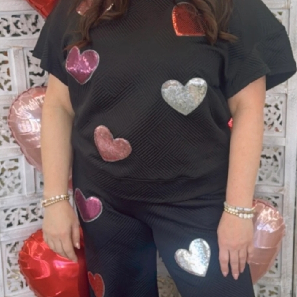 Black Top and Pants Set with Heart Accents